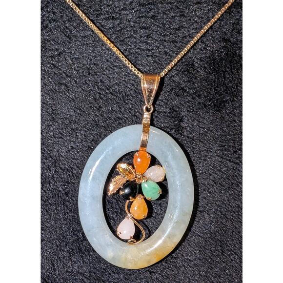 VTG Jade 14K Oval Floral Multiple Stone Pendant 925 Sterling Iltaly Chain 25 in. - Picture 1 of 16